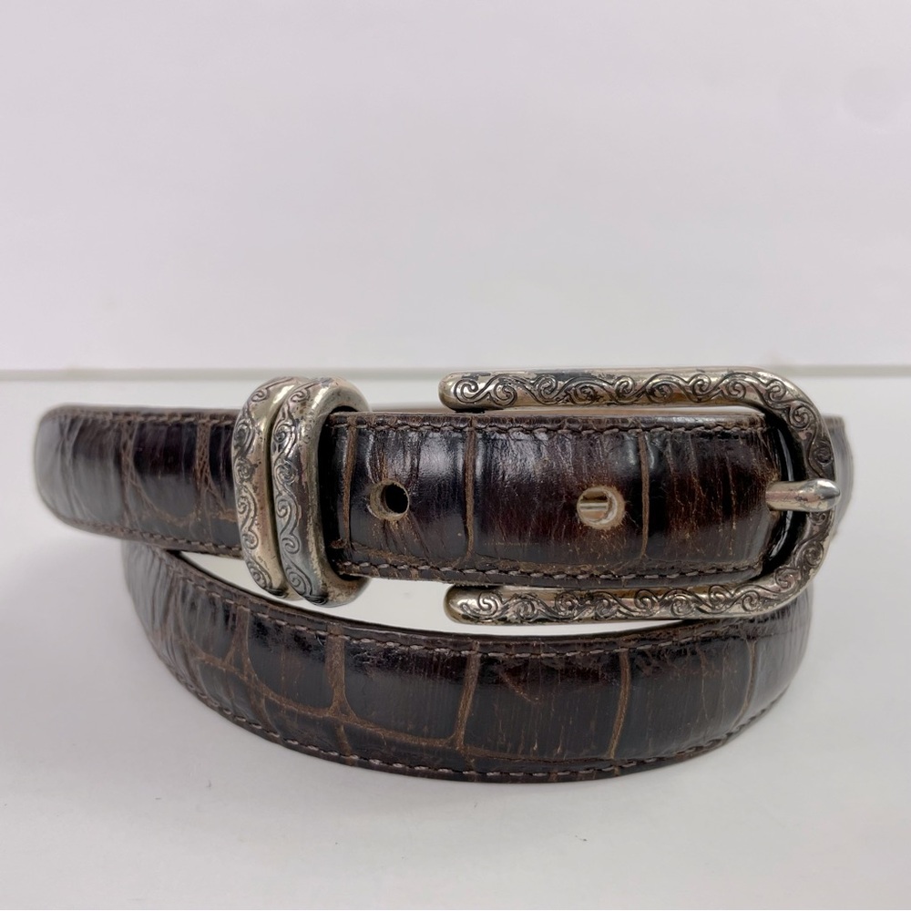 Vintage Dark Brown Croc Texture Leather Thin Belt